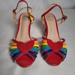 Rainbow Heart Faux Patent Leather Strappy Heels Royal Monk Size 6/39